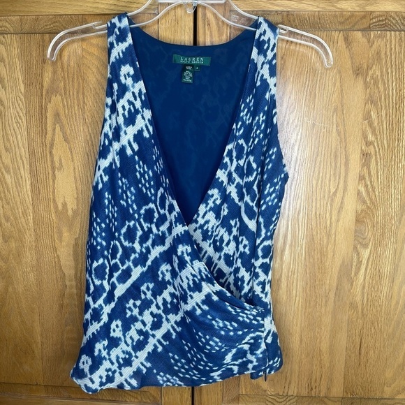 Lauren Ralph Lauren Vneck wrap Silk Linen tank top Cream Indigo Size 4 - Picture 8 of 9